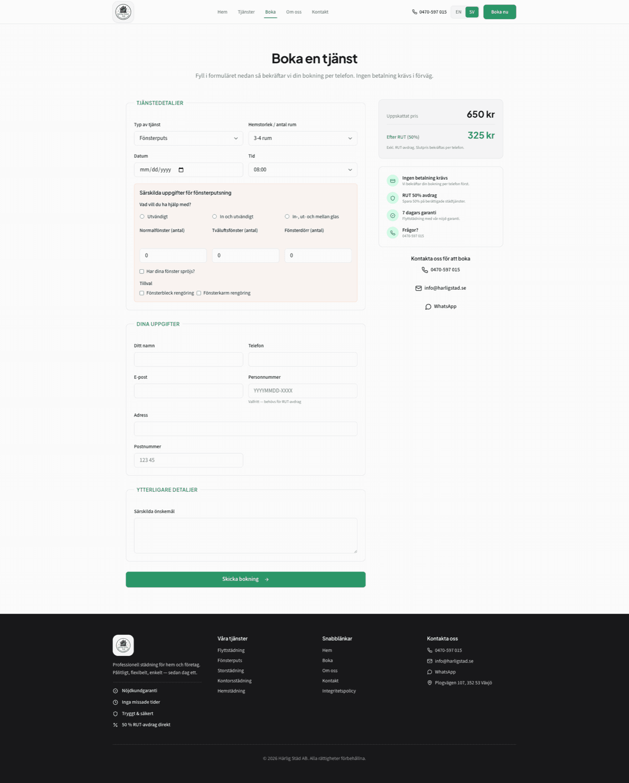 Härlig Städ booking form with service selection and RUT pricing