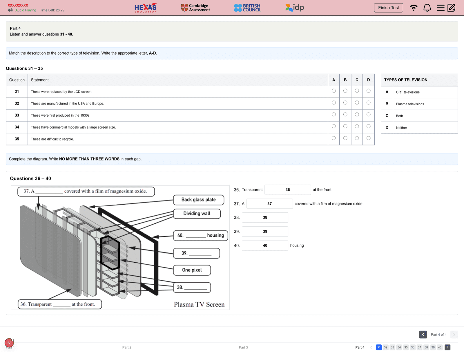 HEXA IELTS online listening test interface