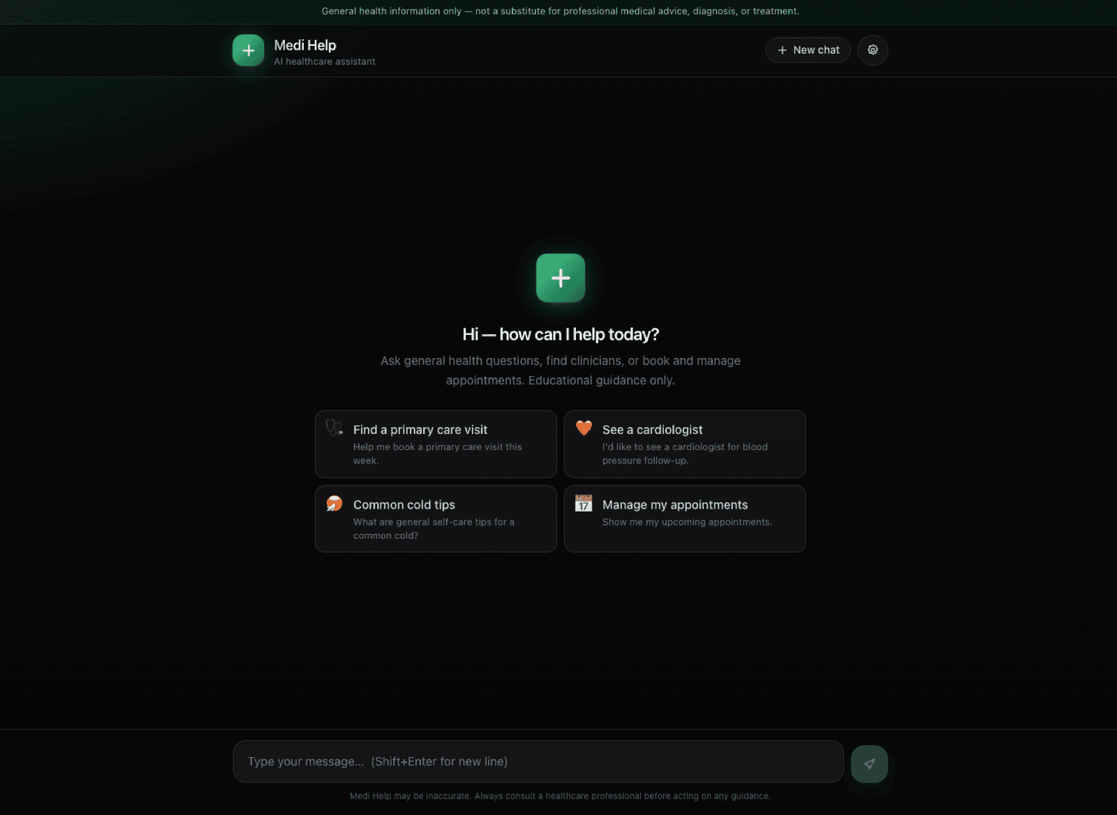 Medi Help AI healthcare assistant homepage